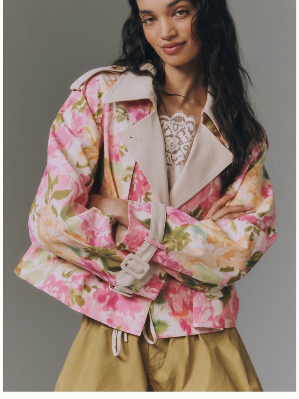 Maeve Anthropologie Retro Floral Cropped Trench Coat Pink Size L
